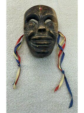 Hand-Carved Wooden Tribal Mask With Red Blue & Yellow Ribbon Accents Good Condit